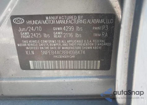 2011 Hyundai Sonata Gls z USA, uszkodzony, nr VIN 5NPEB4AC8BH098474